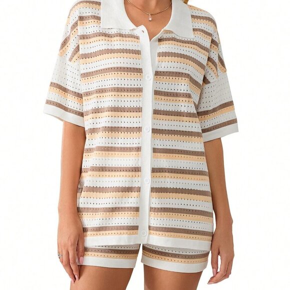 Khaki Casual Women's Stripe Button Crochet Knit Top & Shorts Set - Picture 4 of 10